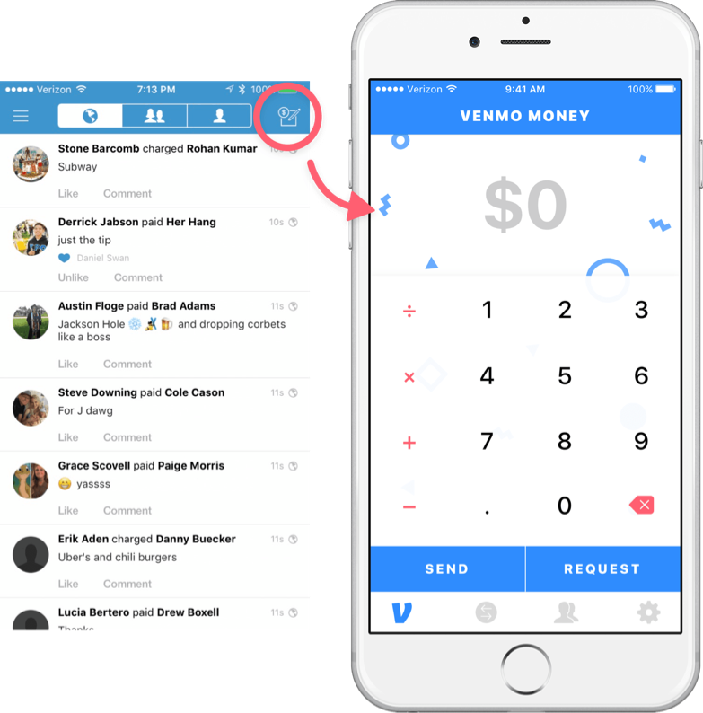 Side-by-side comparison of the legacy Venmo home feed and the redesigned payment-first home screen.